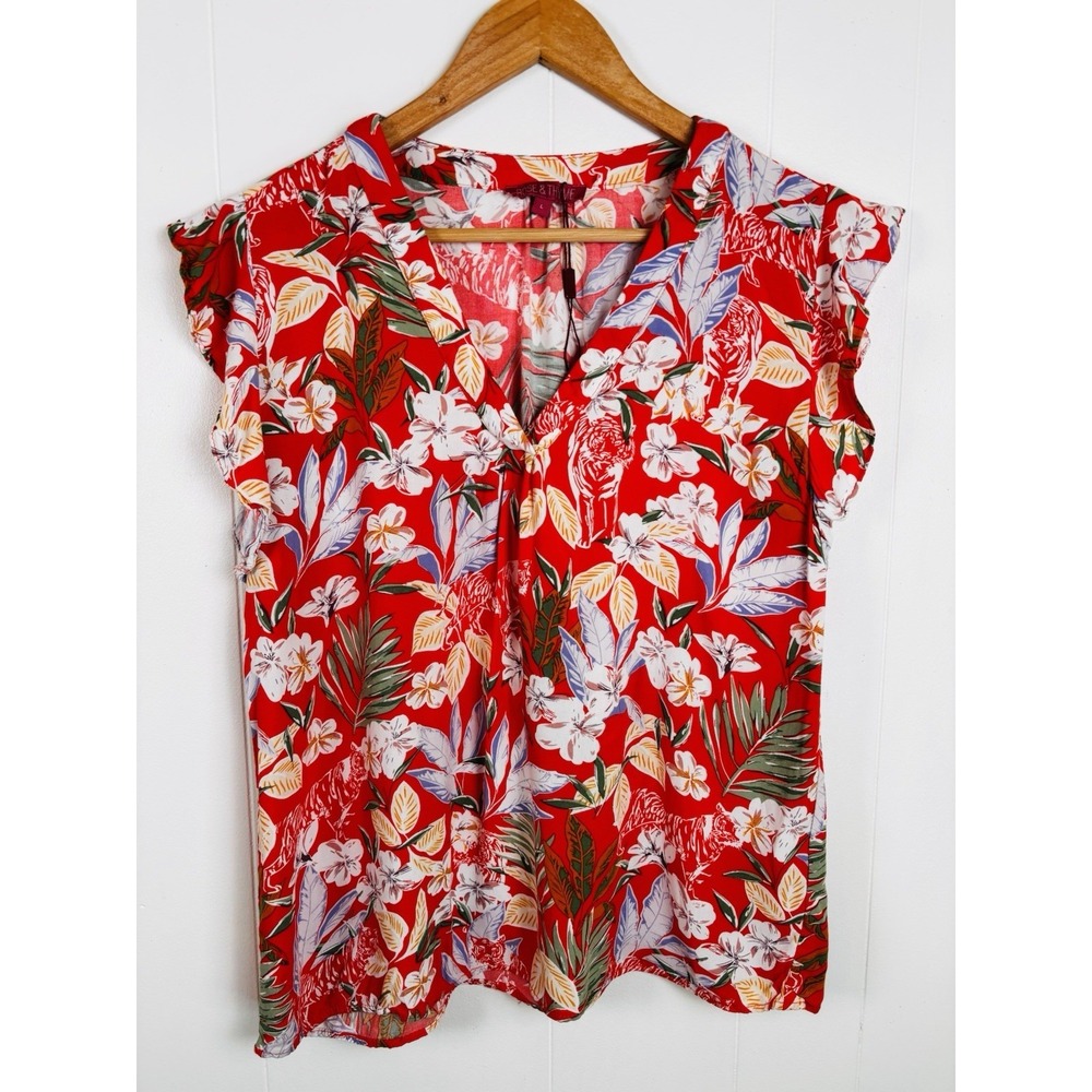 Rose & Thyme Red Size Large V-Neck Cap Sleeve Floral & Tiger Blouse Popover Top